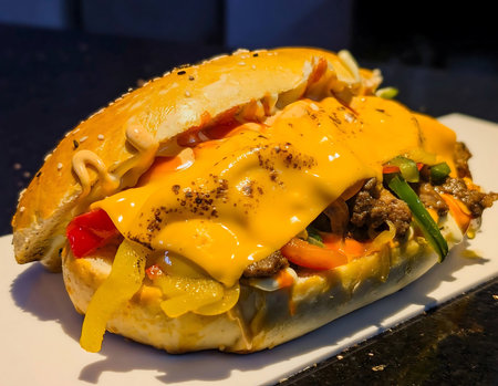This mouthwatering cheesesteak sandwich features tender beef, colorful bell peppers, onions, and generous layers of melted cheddar cheese on a toasted sesame seed bun.の写真素材