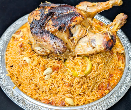 Whole roasted chicken served over spiced rice with tomatoes, cashews, raisins and citrus slices.の写真素材