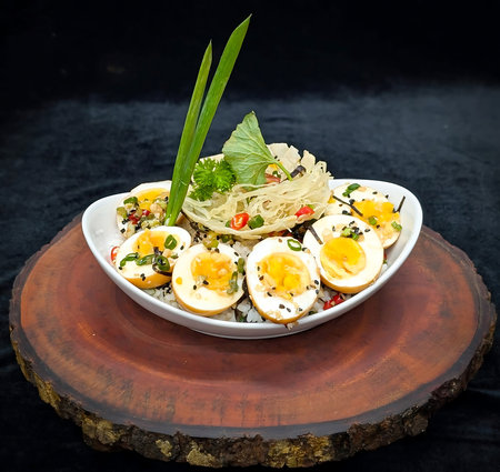 Soft boiled egg rice bowl topped with runny yolks, scallion, sliced chili, black sesame and seaweed,...