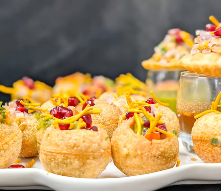 Pani puri golgappa platter with hollow puris filled with onion, tomato, sev, pomegranate and tangy...