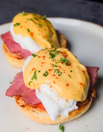 Servings of Eggs Benedict topped with pastrami, poached eggs and rich hollandaise, garnished with chopped parsley and a dusting of paprika on toasted English muffins.の写真素材
