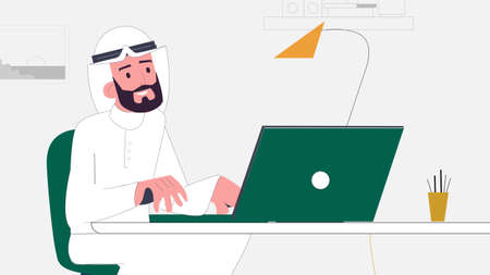 Saudi Man working on laptop.のイラスト素材
