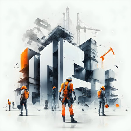 Construction workers in front of a building with cranes and construction equipmentの素材