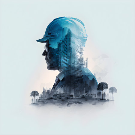 Double exposure of a man with a blue hat and a building on it Concept AIの素材