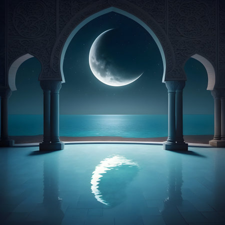 A moon is reflected in a doorway of a building with a blue sky and a sea in the background.の素材