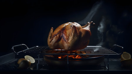 A roast chicken on a grill with a black backgroundの素材