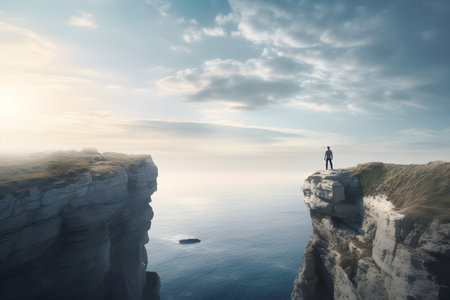 A man stands on a cliff overlooking the ocean.の素材