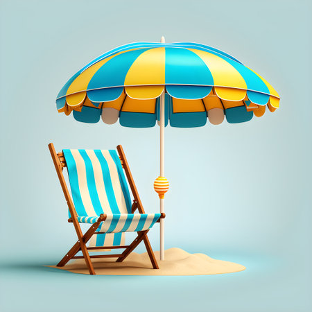 A blue and yellow beach chair with a beach umbrella on it concept AIの素材