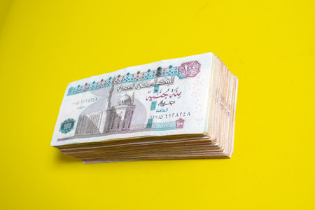 Egyptian money papers of currency 100 pound on yellow Backgroundの写真素材
