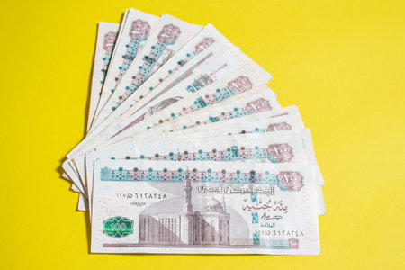 Egyptian money papers of currency 100 pound on yellow Backgroundの写真素材