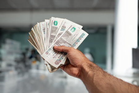 Man arm Holding bundles of Egyptian money currency 100 pound on office Backgroundの写真素材