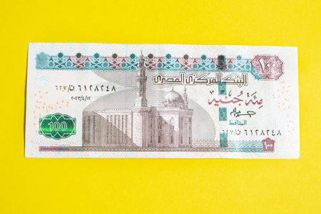 Egyptian money paper of currency 100 pound on yellow Background