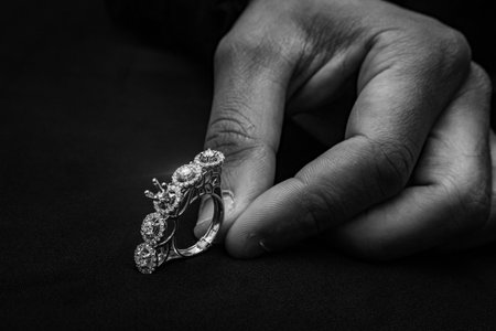 A breathtaking diamond cluster ring set against a luxurious black velvet background. This intricate piece features a large central diamond surrounded by smaller sparkling stones, crafted in a halo style, making it a perfect choice for special occasions and high-end fashion events.の写真素材
