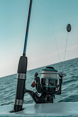 A detailed close up view of a modern fishing reel spooled with line attached to a rod with a lead...