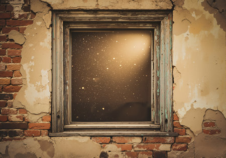 Rustic window in a cracked wall revealing a magical golden starry night skyの素材