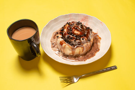 A gourmet cinnamon roll topped with chocolate sauce and chocolate chips in a white bowl served with a fork and a mug of coffee on a bright yellow backgroundの写真素材