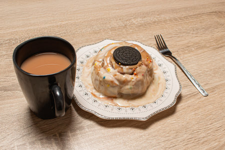 A delicious gourmet cinnamon bun with sprinkles on a plate with a fork and a mug of coffee on a bright wooden backgroundの写真素材