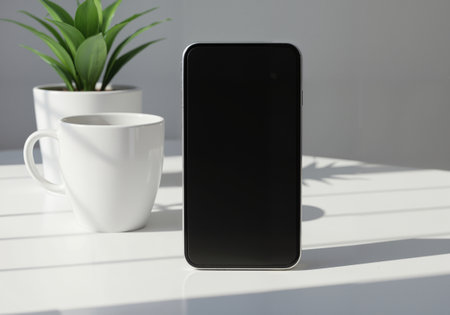 A modern smartphone with a blank black screen for mockup purposes is placed vertically on a clean white desk beside a coffee mug and a houseplant creating a simple office or home workspaceの素材