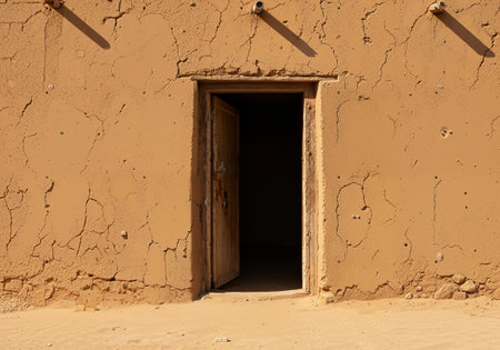 The facade of an old traditional house made of cracked mud and clay in a desert environment A rustic wooden door stands open inviting a view into the darkness insideの素材