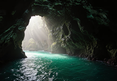 A magical view from inside a dark rocky sea cave where dramatic sun rays penetrate the opening and light up the beautiful turquoise ocean waterの素材