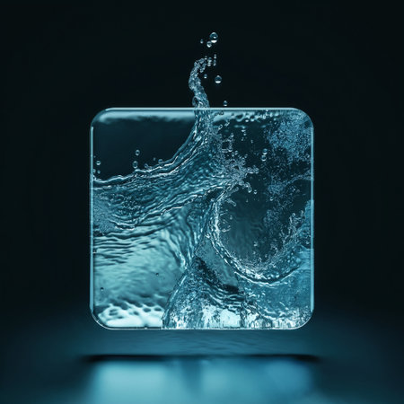 Ice cube with water splash on dark background. 3d rendering.の素材
