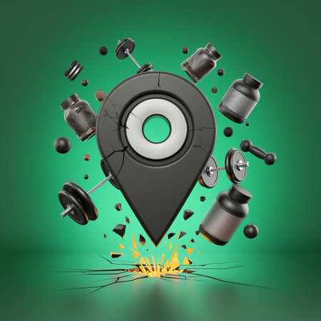 A 3D render of a black map pin crashing into a green floor creating yellow sparks with floating gym equipment like dumbbells and supplements around itの素材