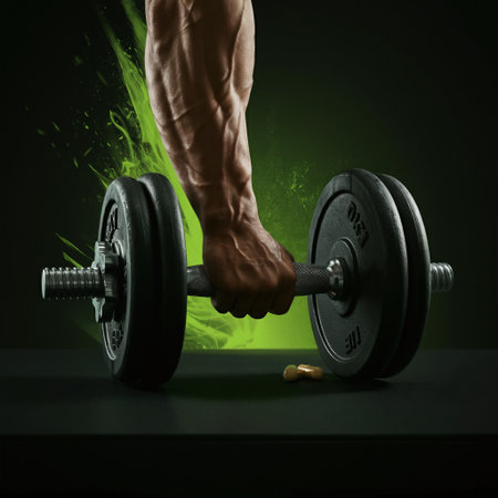 Strong male hand lifting dumbbells with green smoke on dark backgroundの素材