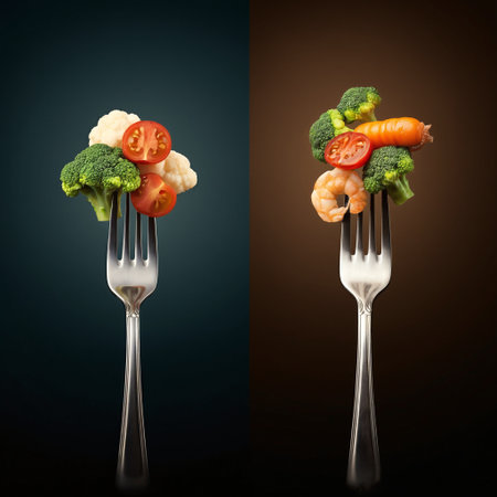 A conceptual illustration of a journey to healthy eating with whole foods like bread vegetables and grains on a road leading towards a finish line on a green backgroundの素材