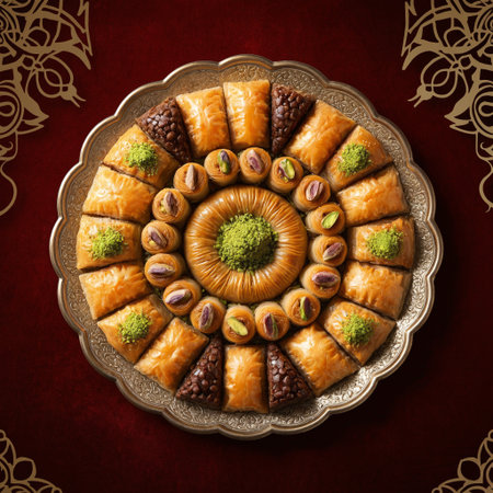 A conceptual illustration of a healthy lifestyle path with whole foods like bread vegetables and grains on a road leading through a glowing ring on a green backgroundの素材