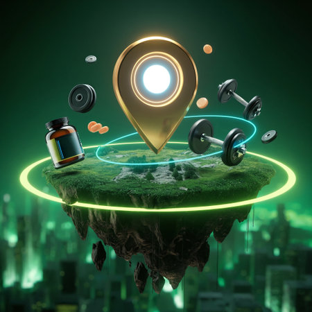 A surreal 3D illustration of a glowing golden map pin on a floating island above a city with orbiting dumbbells and supplementsの素材