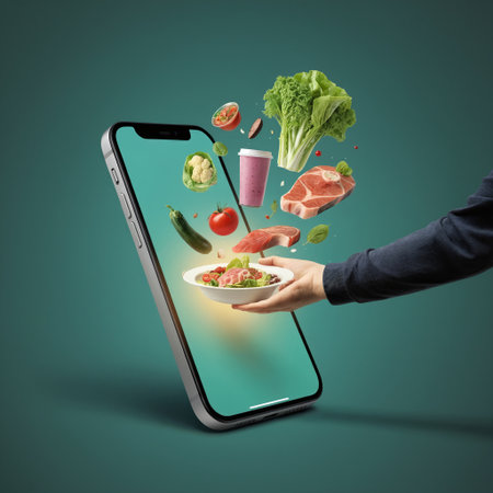 A conceptual illustration of a journey to healthy eating with whole foods like bread vegetables and grains on a road leading towards a finish line on a green backgroundの素材