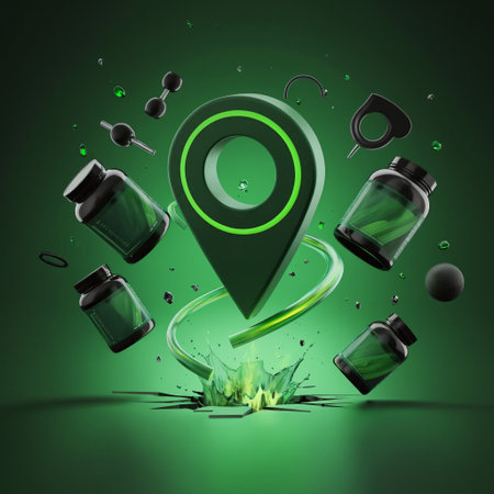 A conceptual illustration of a healthy lifestyle path with whole foods like bread vegetables and grains on a road leading through a glowing ring on a green backgroundの素材