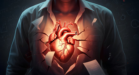 A powerful conceptual image of a person in a shirt that is cracking and breaking open to reveal a glowing realistic anatomical human heart inside representing passion or vulnerabilityの素材