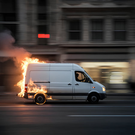 A white delivery van is captured in motion driving down a dark city street at night while its rear end and back tire are engulfed in dramatic flames creating a sense of urgency and dangerの素材