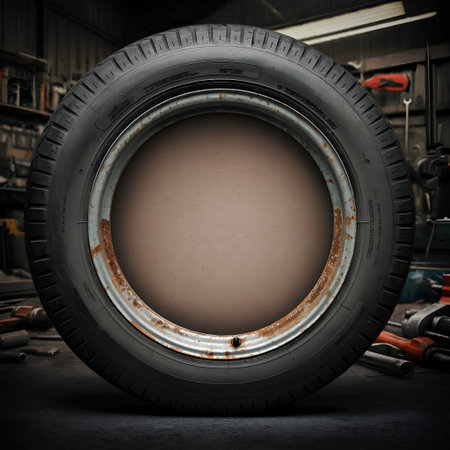 A single car tire with a weathered rusty rim stands upright in a cluttered auto repair shop or garage with the empty center providing a circular frame for text or graphicsの素材