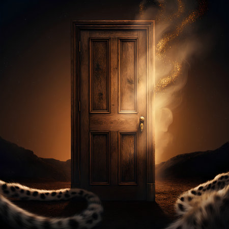 A mysterious closed wooden door stands in a desolate landscape at night with golden light and magic smoke pouring out while two cheetah tails are visible in the foregroundの素材