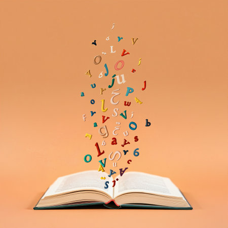 A creative concept for education and learning showing colorful letters and numbers of the alphabet flying and floating out of the pages of an open book on a plain backgroundの素材