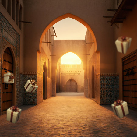 A magical scene of an ancient Middle Eastern alleyway with traditional architecture at sunset with several wrapped gift boxes floating in the air for a celebrationの素材