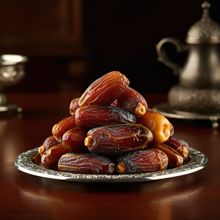 A traditional serving of sweet ripe dates piled on an ornate silver platter next to a classic Arabic coffee pot known as a Dallah on a dark wooden table hospitality conceptの素材