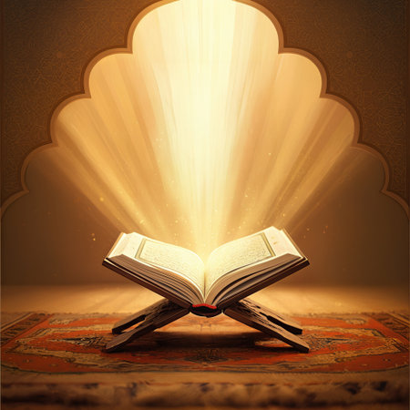 A powerful spiritual concept showing a divine light emanating from an open holy Quran that is placed on a rehal on a prayer rug forming an arch of light above itの素材