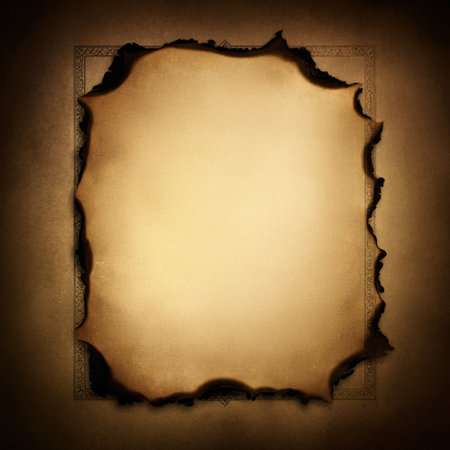 A blank vertical piece of vintage parchment with heavily charred and crumbling black edges set against a textured brown background with a subtle decorative border frameの素材