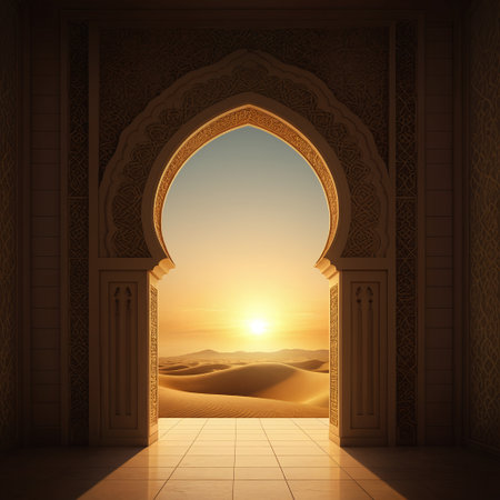 Arabic door in desert at sunset. 3d render illustration.の素材