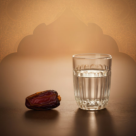 A simple and minimalist Iftar scene to break the Ramadan fast with a single date and a glass of water on a dark table in front of a mosque arch silhouette backgroundの素材