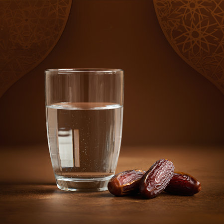 A minimalist Iftar scene for breaking the Ramadan fast featuring a clear glass of water and three dates resting on a wooden surface against a brown patterned backgroundの素材