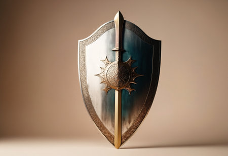 A beautiful medieval coat of arms featuring an ornate kite shield with a golden sun emblem and a sword placed vertically in the center on a plain backgroundの素材