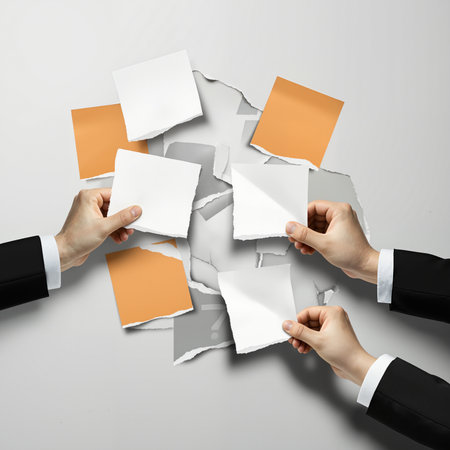 A conceptual image of multiple business hands holding various pieces of torn white and orange paper over a ripped gray background suitable for a collage or messageの素材