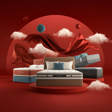 A promotional display of several modern mattresses on red podiums against a vibrant red background with white clouds and elegant flowing red fabric for a luxurious feelの素材