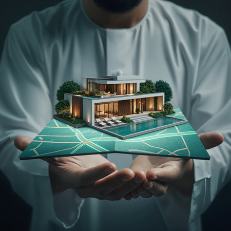 A person's hands hold and interact with a glowing 3D holographic model of a futuristic city with modern skyscrapers and infrastructureの素材