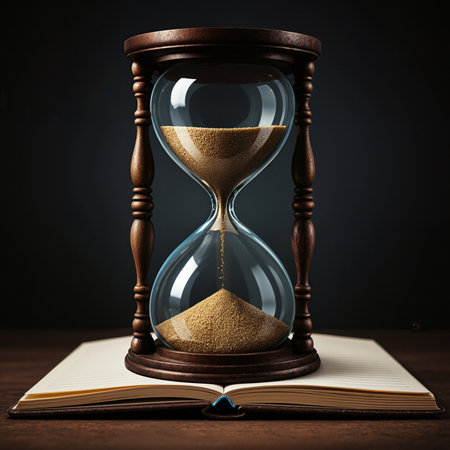 An elegant classic wooden hourglass with golden sand trickling down to measure the passing of time resting on the pages of an open book on a wooden surfaceの素材