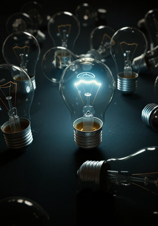 A single lightbulb stands upright and glows brightly with a blue light in the middle of a large crowd of dark unlit lightbulbs symbolizing a great ideaの素材